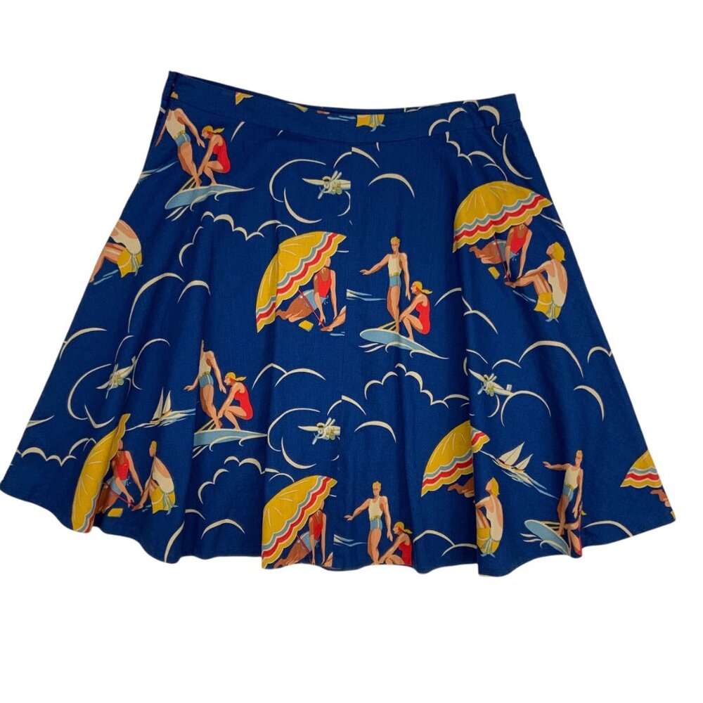 Ralph Lauren Mikaela Retro Print Skirt 14 Blue Novelty Mini Pockets Rare Resort - Picture 2 of 11